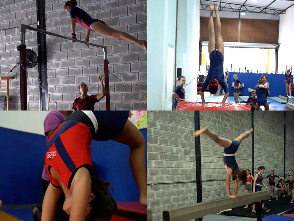 Colagem dos 4 aparelhos olímpicos da Hyber: paralelas, salto, solo e trave
